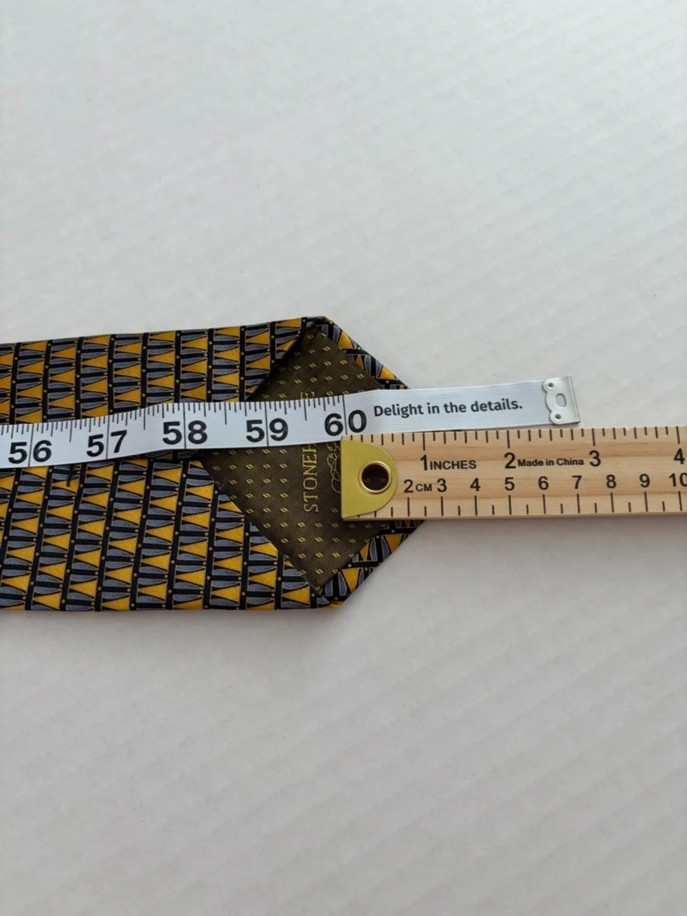 Stonehenge Silk Tie USA Flag Geometric Gold Navy Designer Necktie